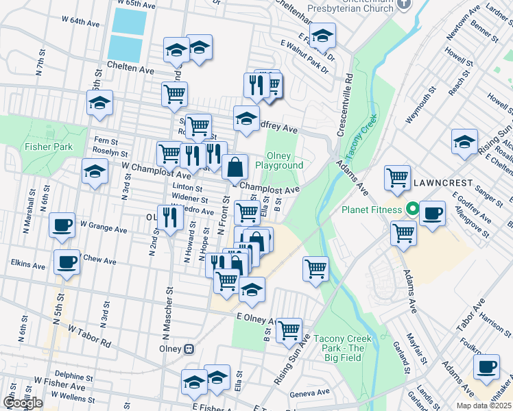 map of restaurants, bars, coffee shops, grocery stores, and more near 5925 A Street in Philadelphia
