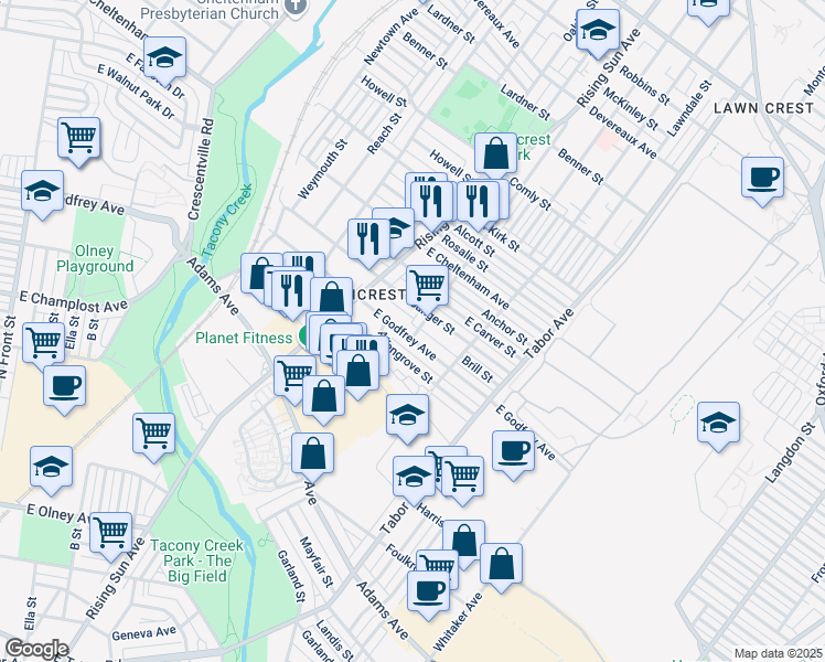 map of restaurants, bars, coffee shops, grocery stores, and more near 541 East Godfrey Avenue in Philadelphia