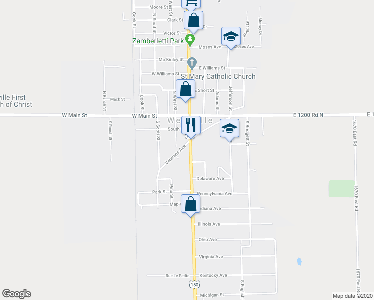 map of restaurants, bars, coffee shops, grocery stores, and more near 300 South State Street in Westville