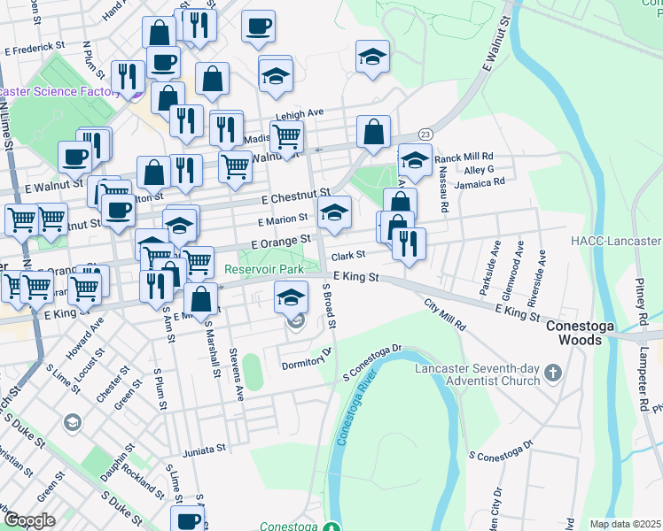 map of restaurants, bars, coffee shops, grocery stores, and more near 27 North Broad Street in Lancaster