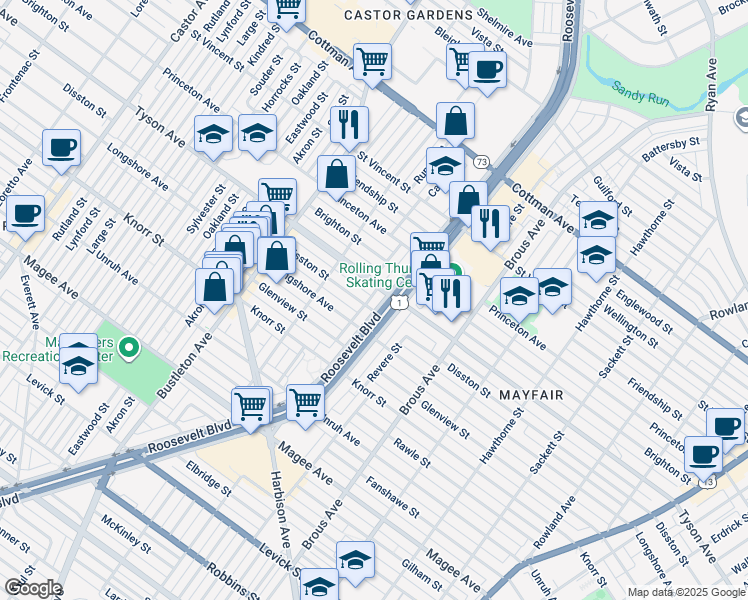 map of restaurants, bars, coffee shops, grocery stores, and more near 6928 Roosevelt Boulevard in Philadelphia