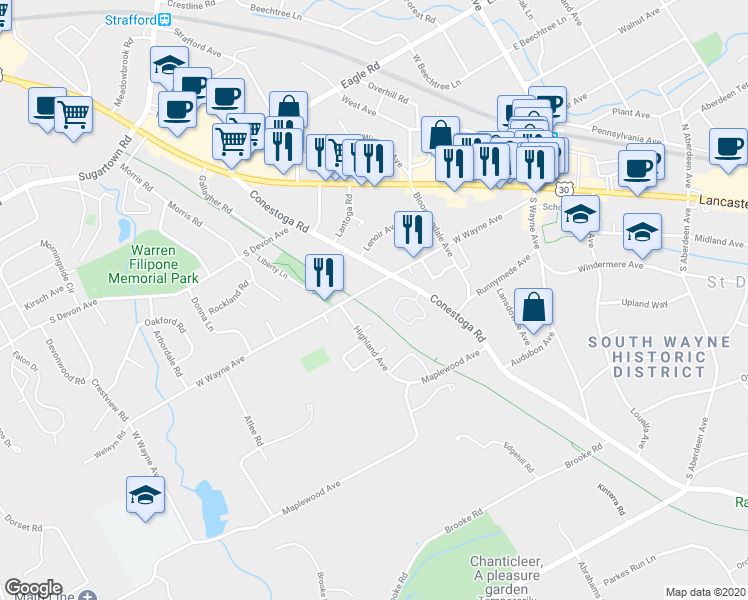 map of restaurants, bars, coffee shops, grocery stores, and more near 306 West Wayne Avenue in Wayne