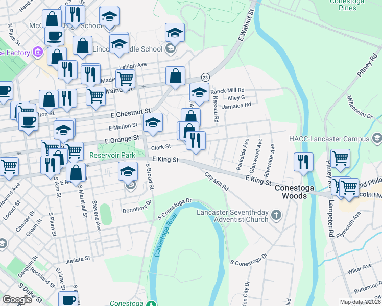 map of restaurants, bars, coffee shops, grocery stores, and more near 999 Clark Street in Lancaster