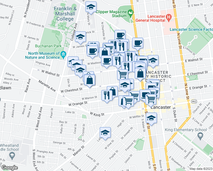 map of restaurants, bars, coffee shops, grocery stores, and more near 423 West Chestnut Street in Lancaster