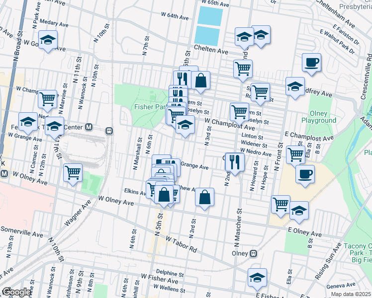map of restaurants, bars, coffee shops, grocery stores, and more near 5843 North Lawrence Street in Philadelphia