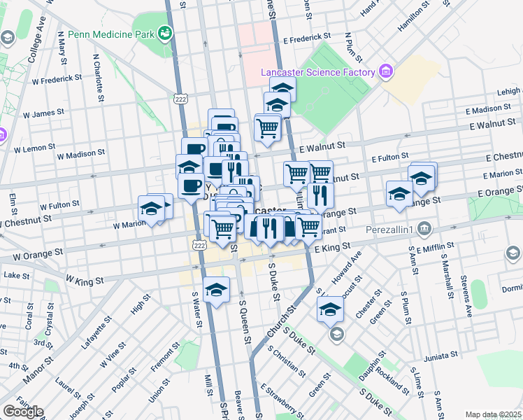 map of restaurants, bars, coffee shops, grocery stores, and more near 120 North Duke Street in Lancaster