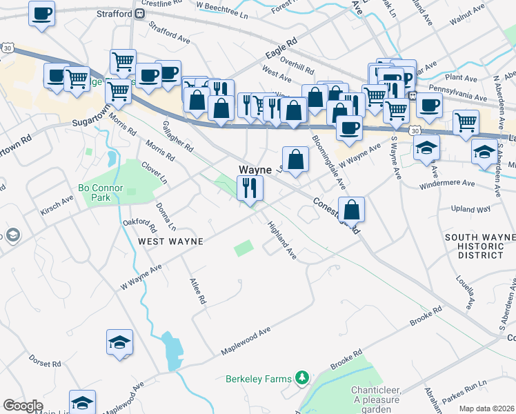 map of restaurants, bars, coffee shops, grocery stores, and more near 311 West Wayne Avenue in Wayne