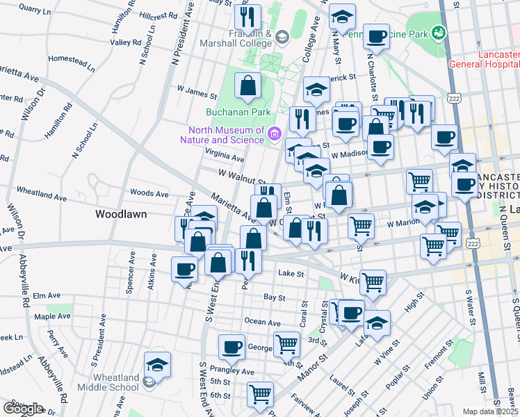 map of restaurants, bars, coffee shops, grocery stores, and more near 250 College Avenue in Lancaster