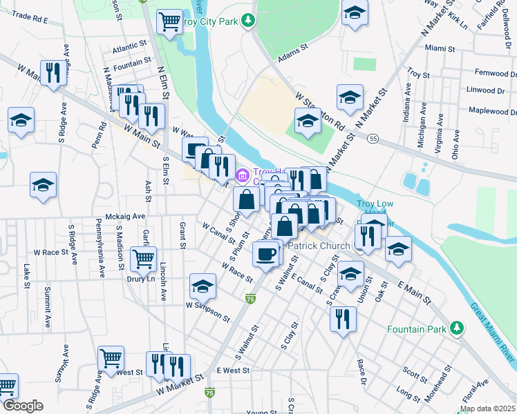 map of restaurants, bars, coffee shops, grocery stores, and more near 215 West Main Street in Troy