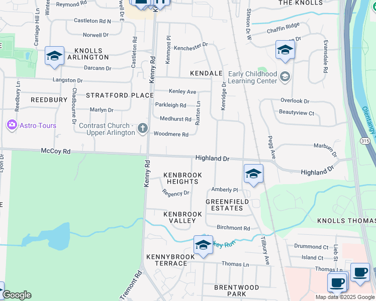 map of restaurants, bars, coffee shops, grocery stores, and more near 1054 Highland Drive in Upper Arlington