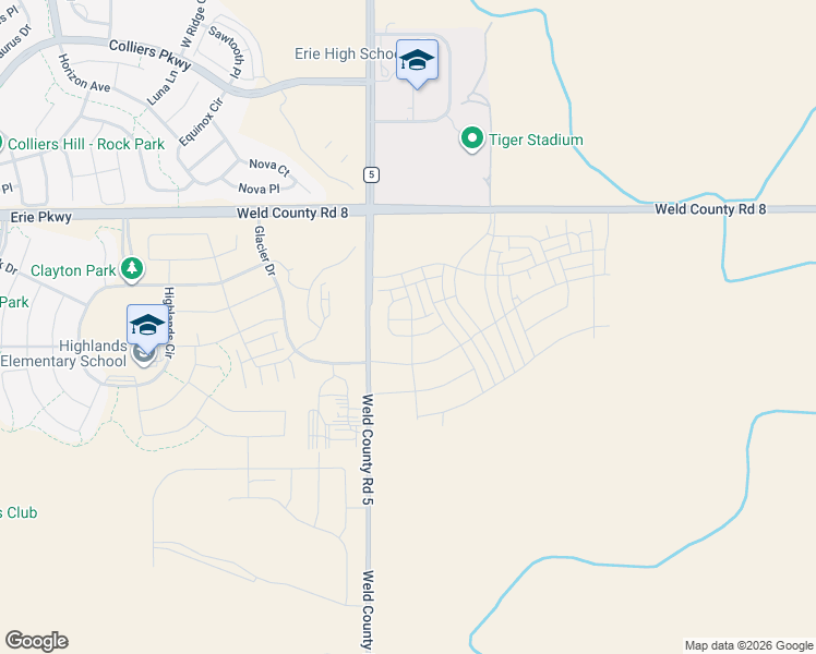 map of restaurants, bars, coffee shops, grocery stores, and more near 2836 County Road 5 in Erie