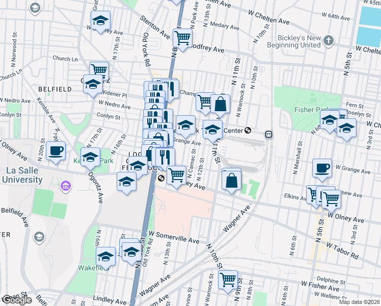 map of restaurants, bars, coffee shops, grocery stores, and more near 5801 North Camac Street in Philadelphia