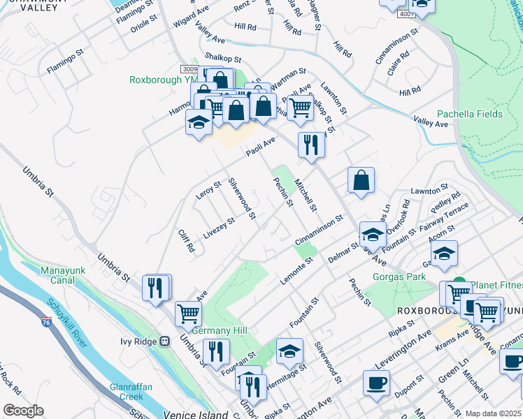 map of restaurants, bars, coffee shops, grocery stores, and more near 405 Livezey Street in Philadelphia