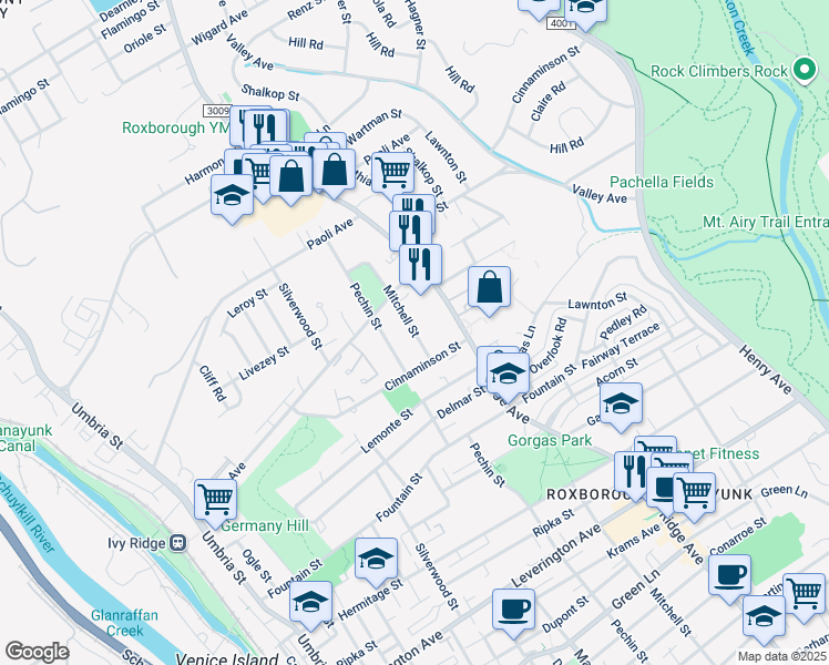 map of restaurants, bars, coffee shops, grocery stores, and more near 6721 Mitchell Street in Philadelphia