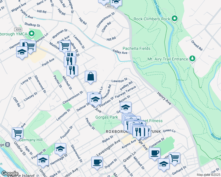 map of restaurants, bars, coffee shops, grocery stores, and more near 555 Overlook Road in Philadelphia