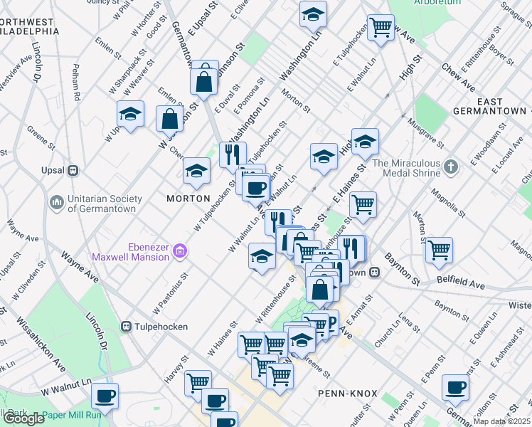 map of restaurants, bars, coffee shops, grocery stores, and more near 25 East Walnut Lane in Philadelphia