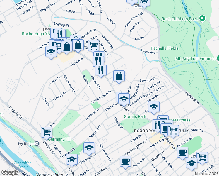 map of restaurants, bars, coffee shops, grocery stores, and more near 6784 Ridge Avenue in Philadelphia