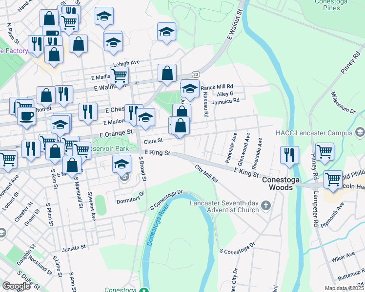 map of restaurants, bars, coffee shops, grocery stores, and more near 44 Ranck Avenue in Lancaster