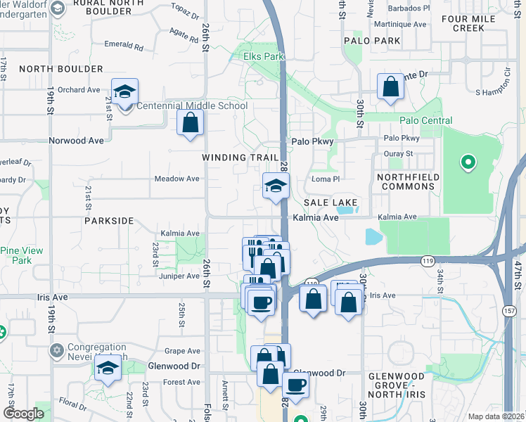 map of restaurants, bars, coffee shops, grocery stores, and more near 3653 Hazelwood Court in Boulder