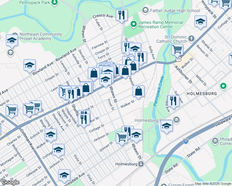 map of restaurants, bars, coffee shops, grocery stores, and more near 8017 Frankford Avenue in Philadelphia