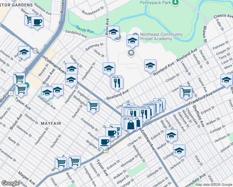 map of restaurants, bars, coffee shops, grocery stores, and more near in Philadelphia