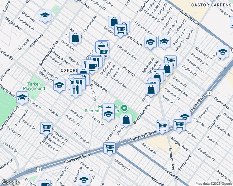 map of restaurants, bars, coffee shops, grocery stores, and more near 6618 Kindred Street in Philadelphia