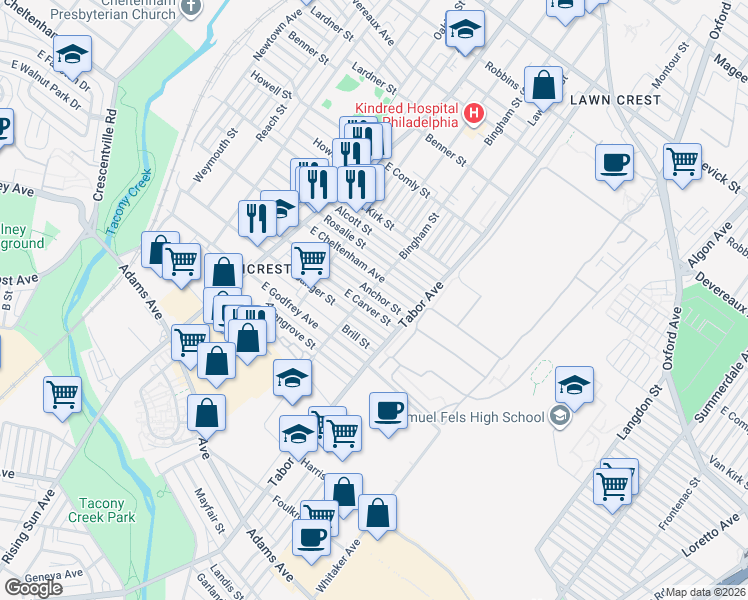 map of restaurants, bars, coffee shops, grocery stores, and more near 576 Anchor Street in Philadelphia
