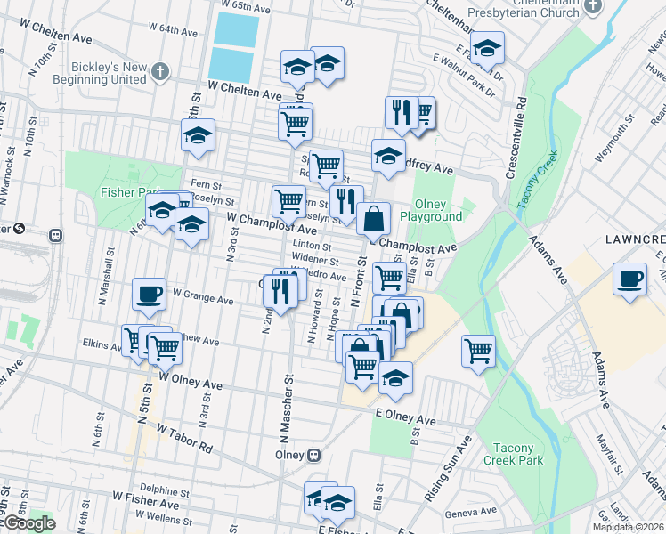 map of restaurants, bars, coffee shops, grocery stores, and more near 128 Linton Street in Philadelphia