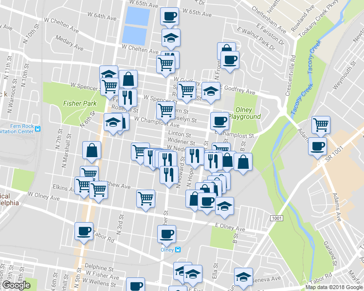 map of restaurants, bars, coffee shops, grocery stores, and more near 164 Linton Street in Philadelphia