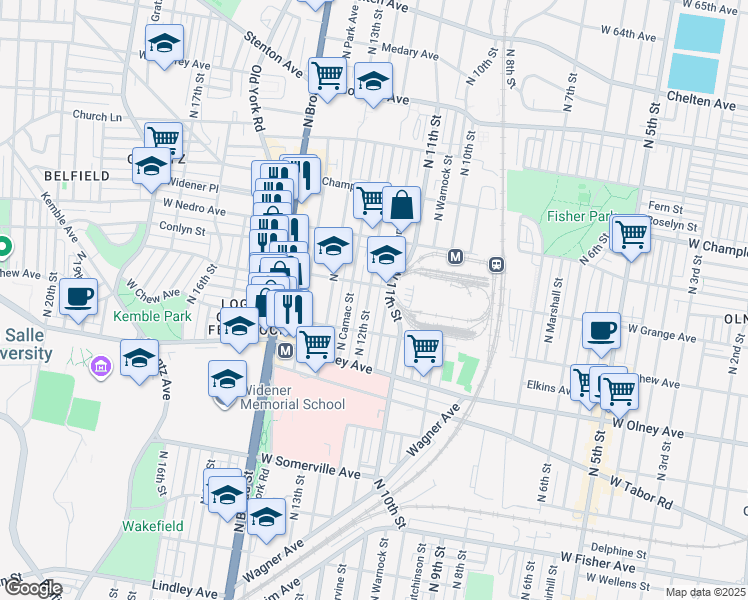 map of restaurants, bars, coffee shops, grocery stores, and more near 5801 North Camac Street in Philadelphia