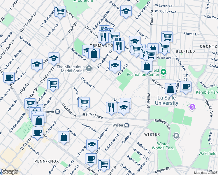 map of restaurants, bars, coffee shops, grocery stores, and more near 557 Church Lane in Philadelphia