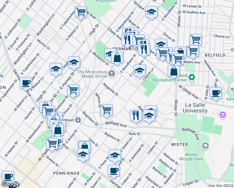 map of restaurants, bars, coffee shops, grocery stores, and more near 501 East Locust Avenue in Philadelphia