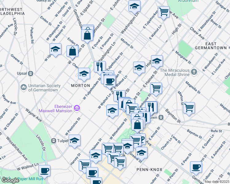 map of restaurants, bars, coffee shops, grocery stores, and more near 25 East Walnut Lane in Philadelphia