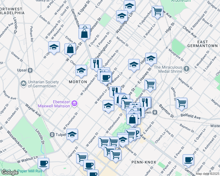 map of restaurants, bars, coffee shops, grocery stores, and more near 25 East Walnut Lane in Philadelphia