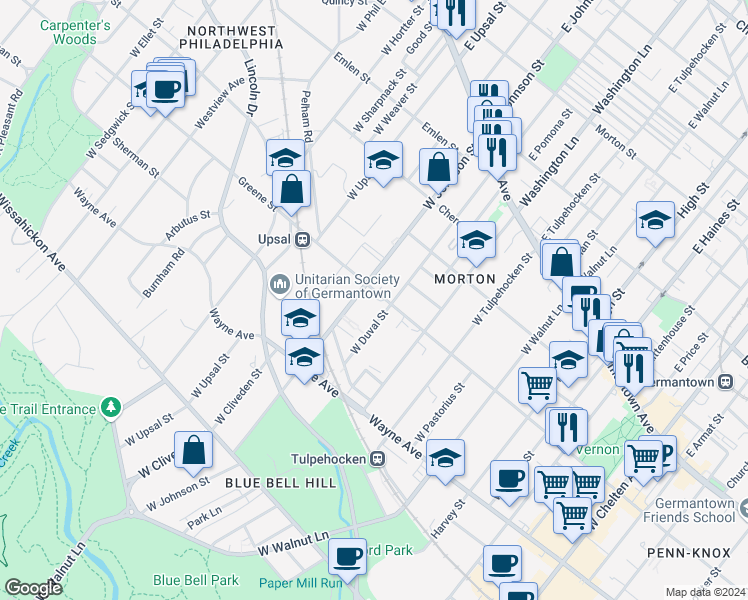 map of restaurants, bars, coffee shops, grocery stores, and more near 300 West Johnson Street in Philadelphia