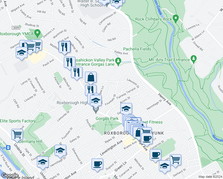 map of restaurants, bars, coffee shops, grocery stores, and more near 555 Overlook Road in Philadelphia