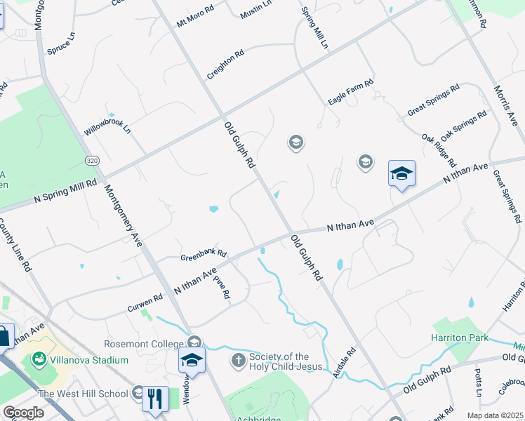 map of restaurants, bars, coffee shops, grocery stores, and more near 1324 Old Gulph Road in Villanova