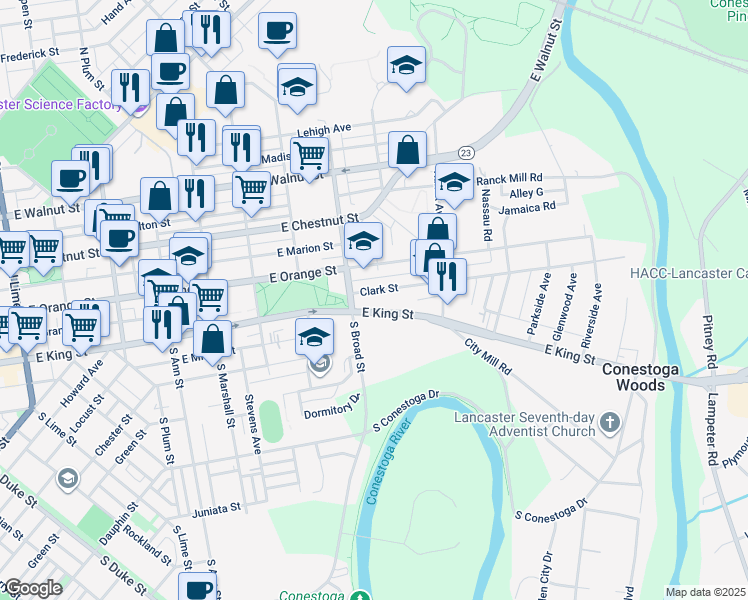 map of restaurants, bars, coffee shops, grocery stores, and more near 27 North Broad Street in Lancaster