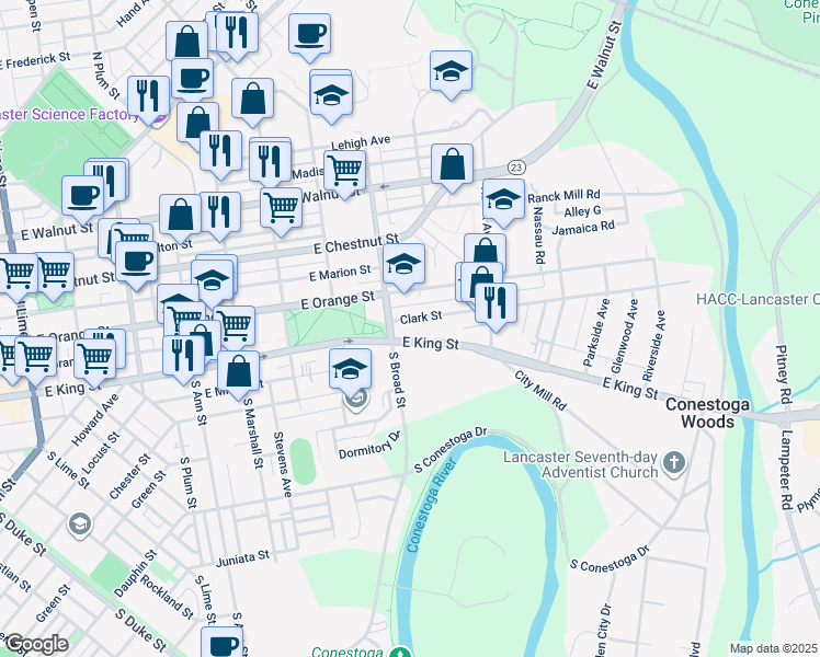 map of restaurants, bars, coffee shops, grocery stores, and more near 27 North Broad Street in Lancaster