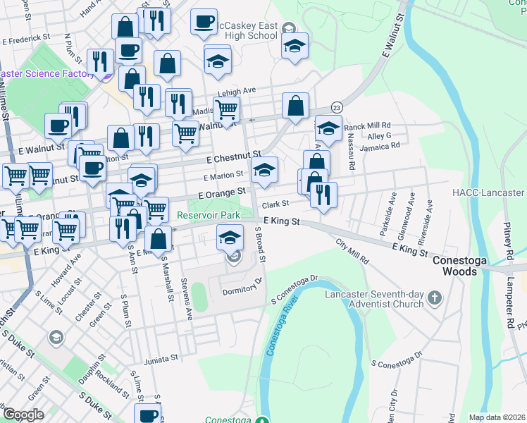 map of restaurants, bars, coffee shops, grocery stores, and more near 27 North Broad Street in Lancaster