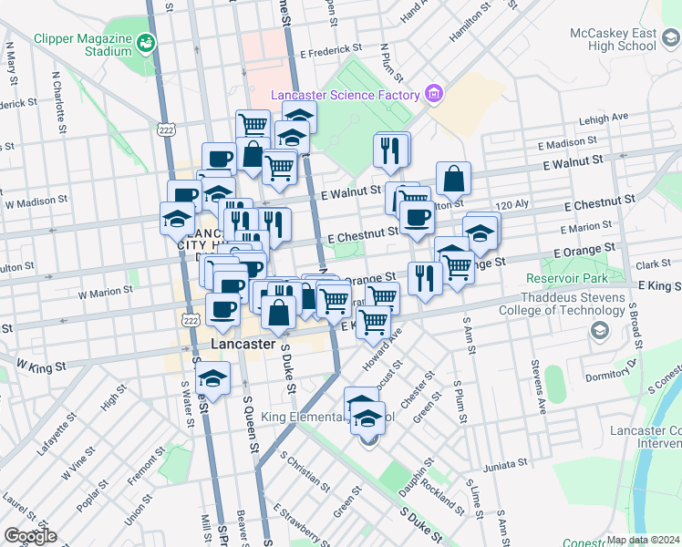 map of restaurants, bars, coffee shops, grocery stores, and more near 232 East Marion Street in Lancaster