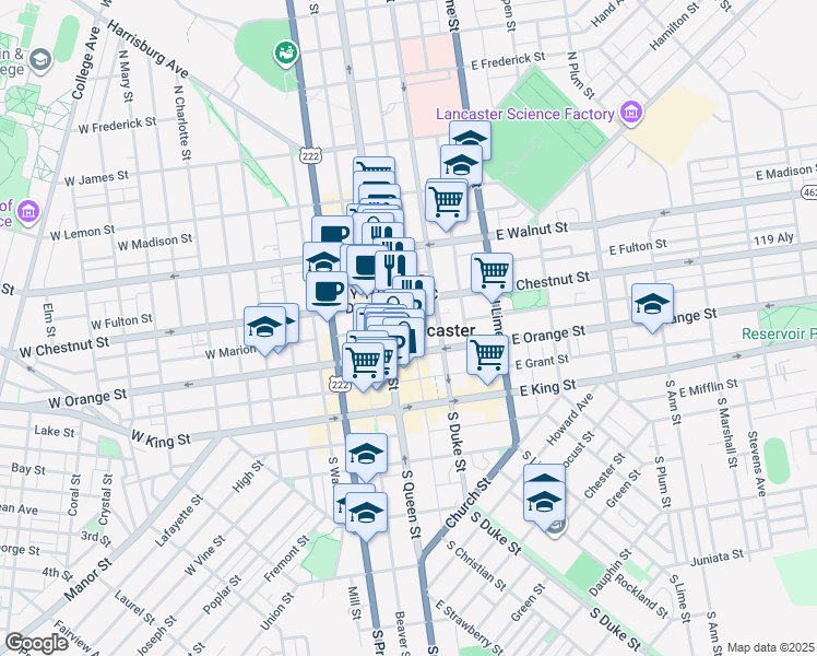map of restaurants, bars, coffee shops, grocery stores, and more near 150 North Duke Street in Lancaster