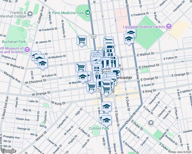 map of restaurants, bars, coffee shops, grocery stores, and more near 59 West Chestnut Street in Lancaster
