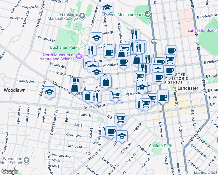 map of restaurants, bars, coffee shops, grocery stores, and more near 230 North Mary Street in Lancaster