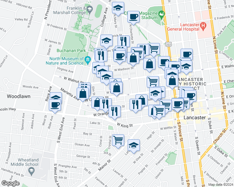map of restaurants, bars, coffee shops, grocery stores, and more near 230 North Mary Street in Lancaster