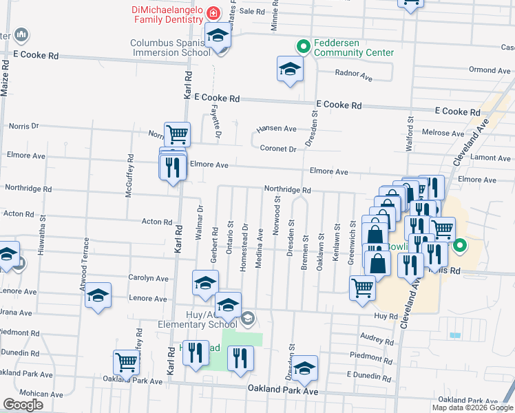 map of restaurants, bars, coffee shops, grocery stores, and more near 3627 Medina Avenue in Columbus