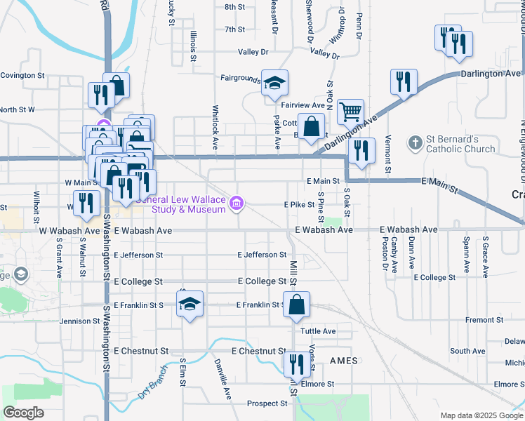 map of restaurants, bars, coffee shops, grocery stores, and more near 614 East Pike Street in Crawfordsville