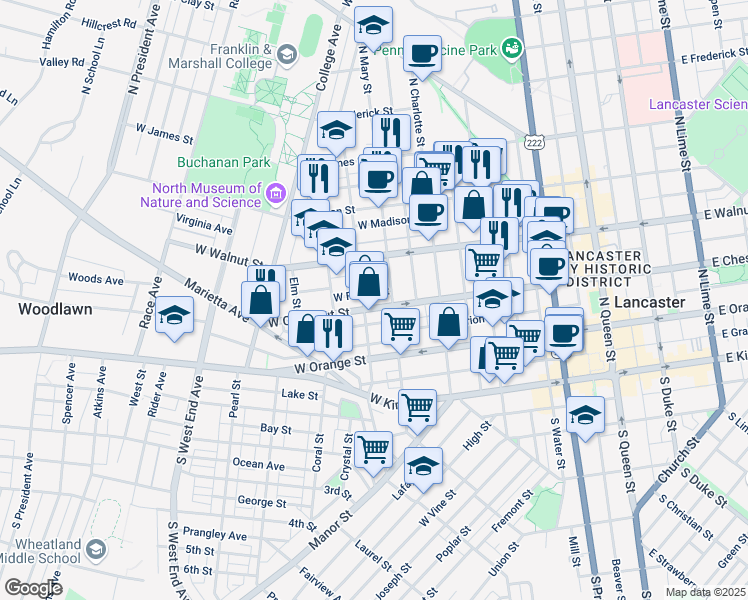 map of restaurants, bars, coffee shops, grocery stores, and more near 519 West Chestnut Street in Lancaster