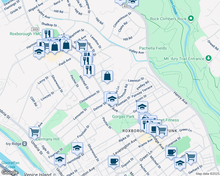 map of restaurants, bars, coffee shops, grocery stores, and more near 6641 Ridge Avenue in Philadelphia