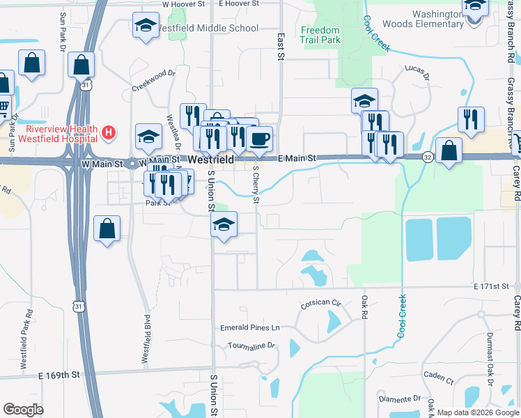 map of restaurants, bars, coffee shops, grocery stores, and more near 338 East Park Street in Westfield